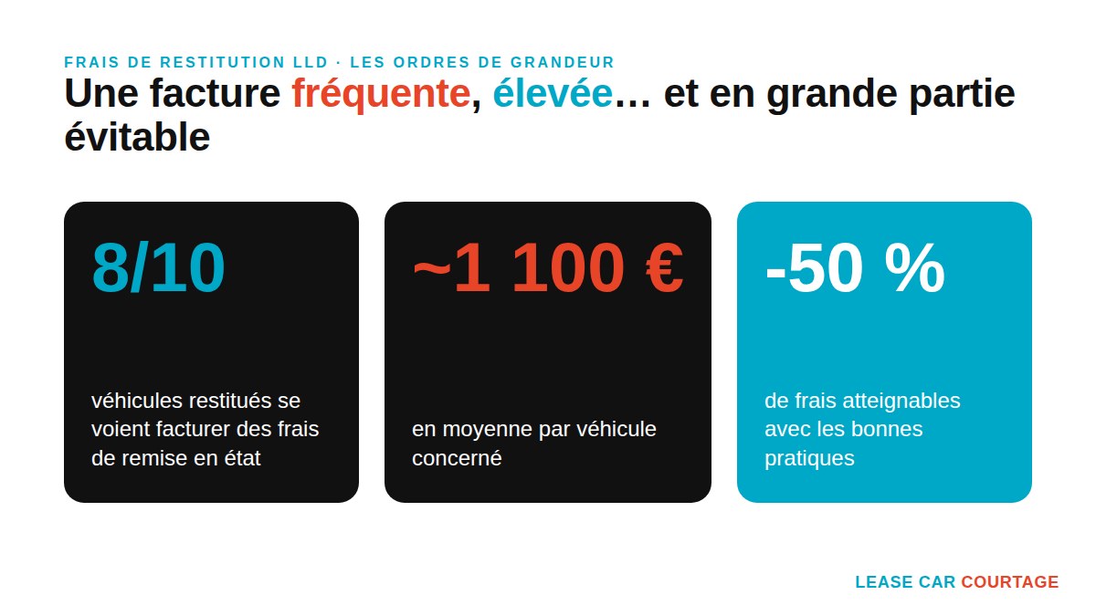 Chiffres clés des frais de restitution LLD : 8 véhicules sur 10 facturés, environ 1 100 euros par véhicule, jusqu'à 50 % d'économie